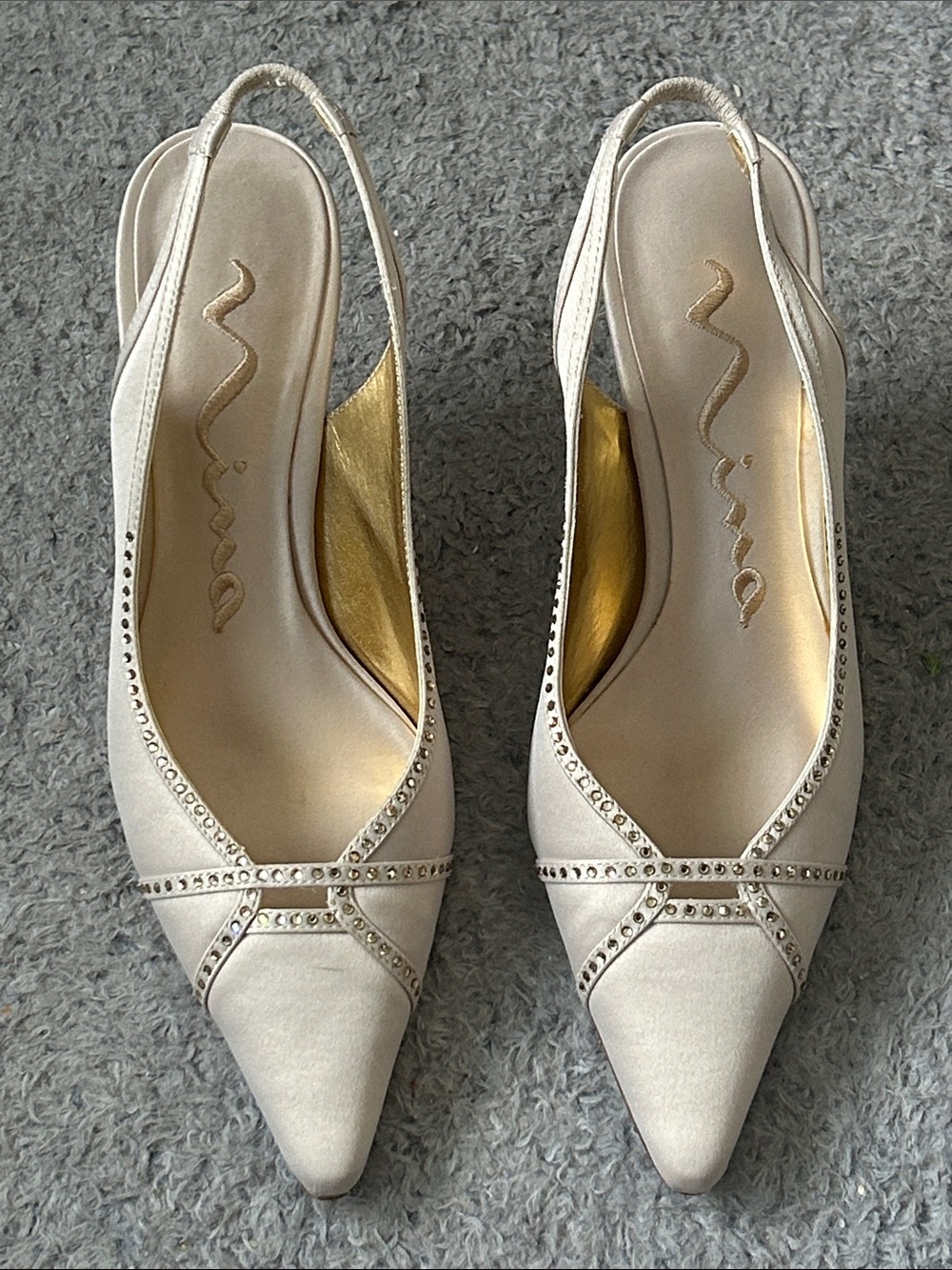 Nina Champagne Satin Slingback Pumps with Crystal Trim